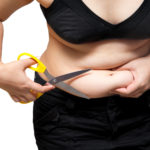 fat woman Cut belly fat and cellulite by scissors weight loss plastic surgery concept